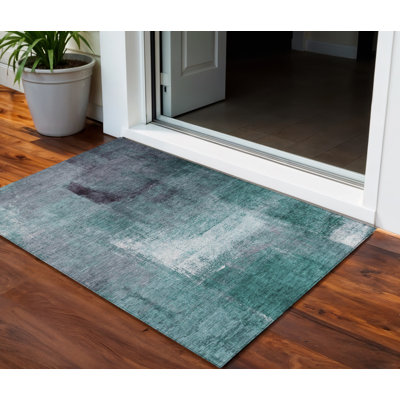 Tapis d'extérieur lavable abstrait bleu sarcelle 3 pi x 5 pi bleu turquoise et ivoire