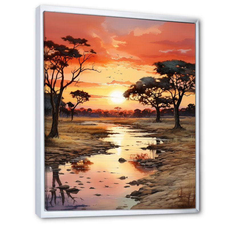 Alsey, coucher de soleil africain Oasis II, H 40 po x l 30 po x P 1,5 po, Cadre flottant blanc