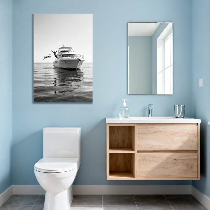 Abstrait bateau noir et blanc sautant une scène d'eau, H 24 po x l 16 po
