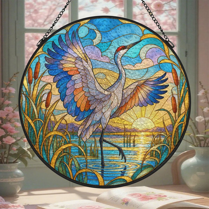 Grue en vitrail planant au-dessus d'un lac au coucher du soleil - Panneaux de vitraux attrape-soleil pour la décoration de fenêtre