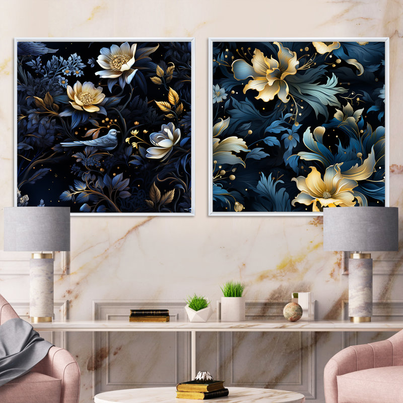 Bron - ensemble de 2 collages floraux carrés, Cadre flottant blanc, H 36 po x l 73 po