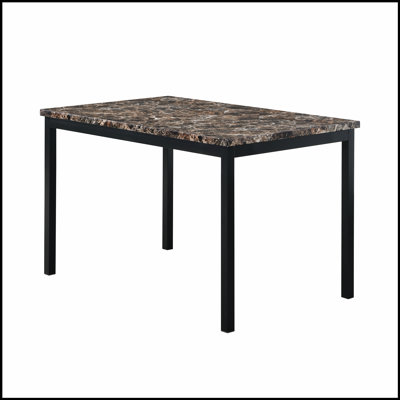 Table de salle à manger en faux marbre avec structure en métal, compacte et élégante pour les cuisines et les salles à manger modernes.