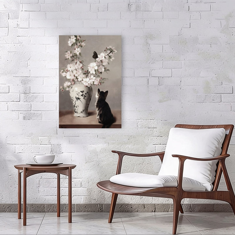 Curious Kitten And Blossoms Peaceful Contemporary Butterfly Cat Cherry Flower Spring Wall Art Print by Mathieu - Wrapped Canvas Print