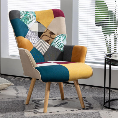 Accent Chair with High Backrest,Plaid Bohemian Upholstered Armchair for Mid Century