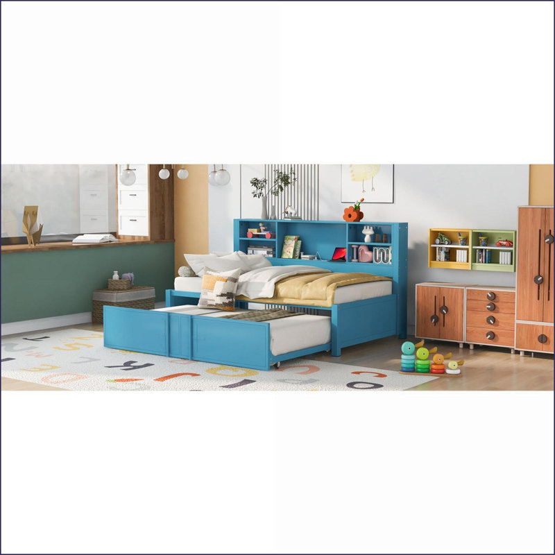 Lit de jour simple en métal avec lit gigogne, tablettes de rangement et amp; Ports USB - Bleu pour les petits espaces, Bleu