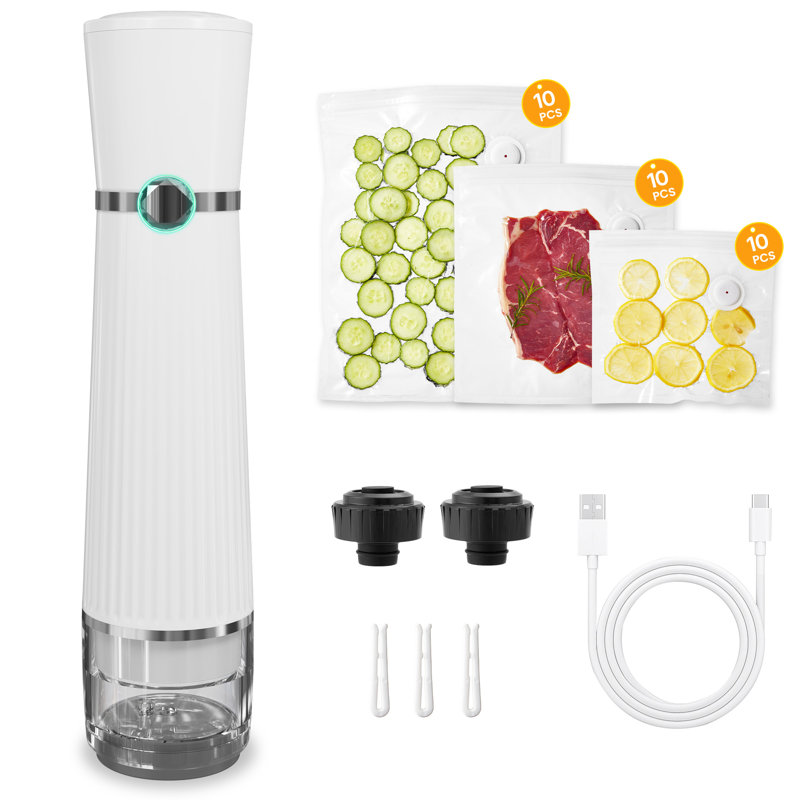 Machine à emballer sous vide portable, capacité de 68 oz, rechargeable, détection automatique de la pression, sacs et accessoires réutilisables inclus, blanc