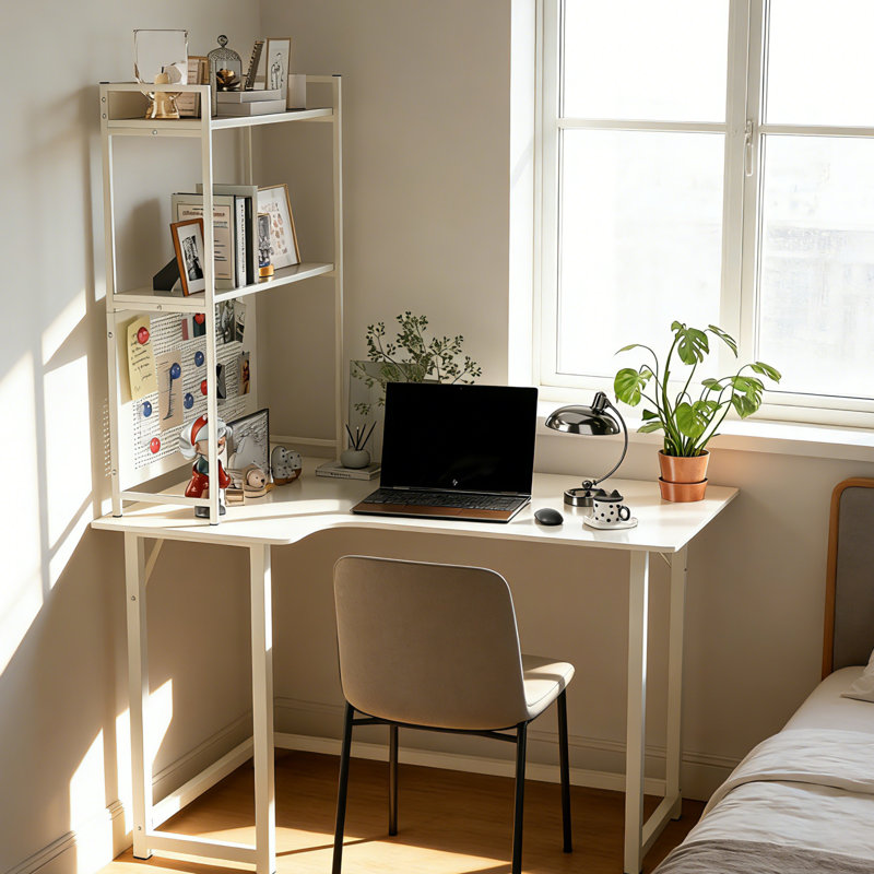 L-shaped Computer Desk With Storage Shelves & Pegboard, Modern Corner Office Desk For Home Office