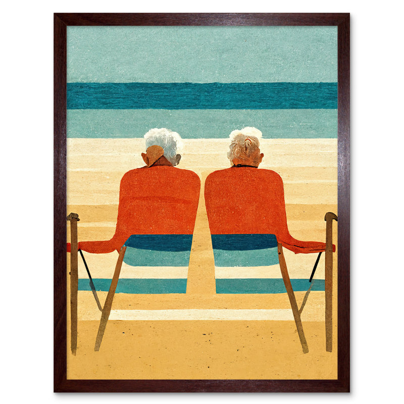 Elderly Couple Retired Beach Seaside - Print, Brown Framed Unframed, 43cm H x 33cm W x 2cm D