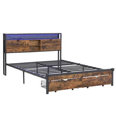 Base de lit plateforme en métal avec tête de lit en bois, capacité de charge, 2 rangements de tiroirs, lumières à DEL, aucun sommier nécessaire, procession facile à assembler, tête de lit pesant 73,5 lb et entrée