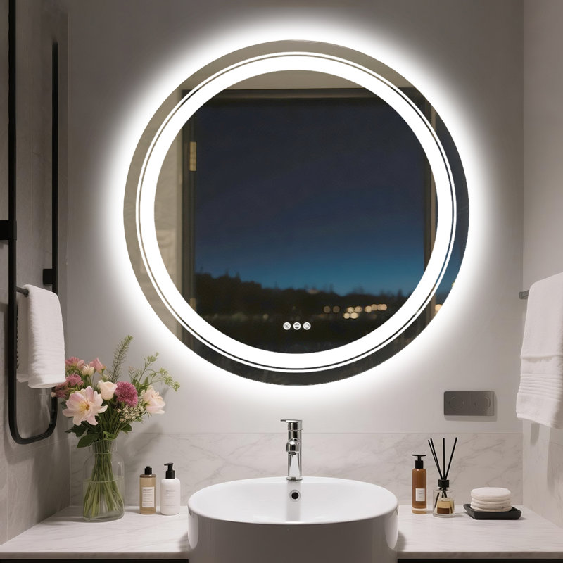 Illuminated Round Bathroom Mirror With Led Lights, 90cm H x 90cm W