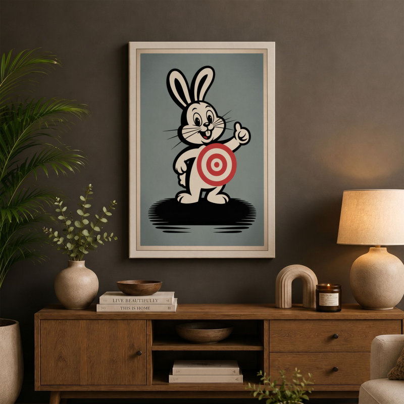 Cheerful Rabbit With Target Retro - Wrapped Canvas, 18x12 - 45.7 x 30.5 cm, Ochre Border