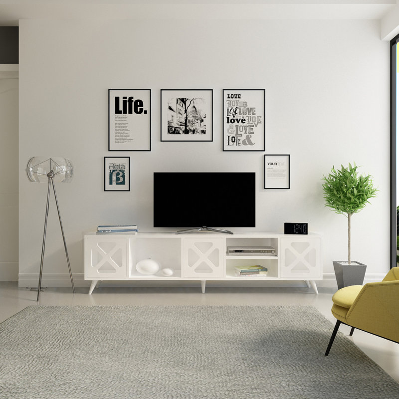 Meuble télé élégant et moderne, couleur blanche, 70,9 x 18,0 x 11,6 pouces | 100% panneau de particules enduit de mélamine, épaisseur: 0,7 pouce | Nombreuses tablettes, conception murale, parfaites pour le salon et les espaces de divertissement