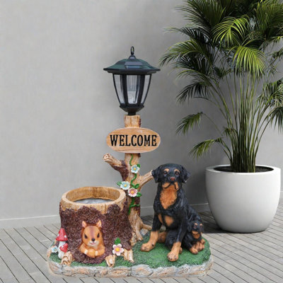 Jardinières lumineuses solaires, décoration Rottweiler rustique en résine 21,65 po pour la cour intérieure
