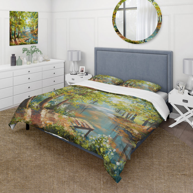 Ensemble de housse de couette Autumn Forest With Meandering River - Lake House - Microfibre de polyester
