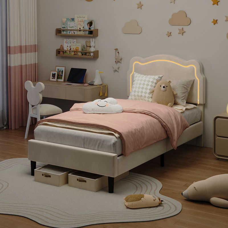 Lit plateforme tapissier simple pour enfants avec tête de lit ajustable en forme d'ours, Beige