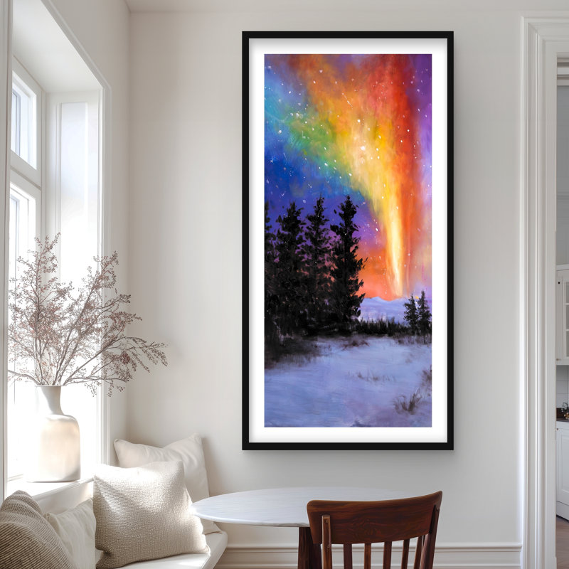 Aurore boréale dans la forêt - reproduction encadrée, H 48 po x l 24 po, Noir