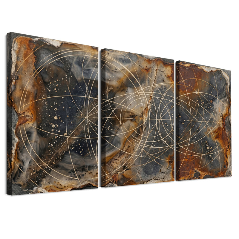 Ensemble de 3 toiles murales représentant des lignes géométriques dorées sur du métal rouillé, 18"H x 12"W x 3pcs