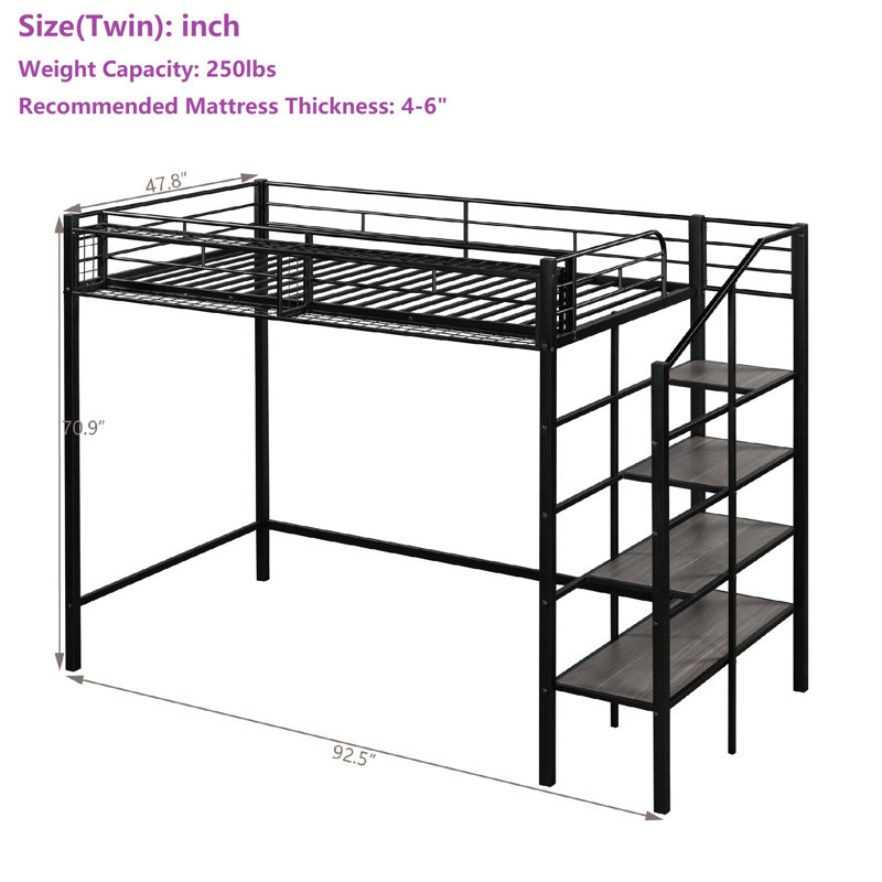 Twin Size Metal Loft Bed With Storage Stairs, Black