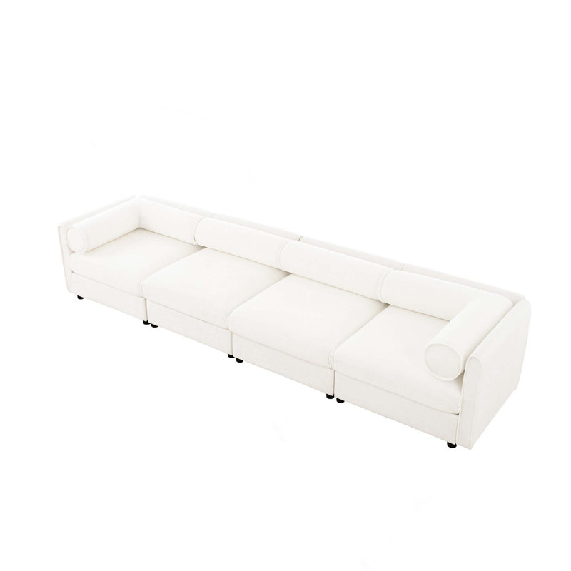 Canapé modulaire moderne à 4 sièges profonds avec dossier cylindrique, rangement et assemblage facile, Blanc