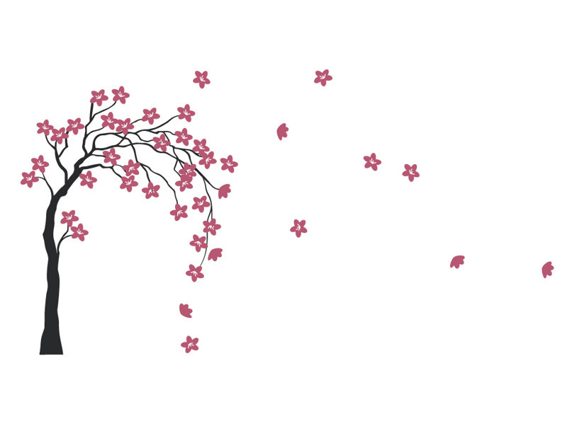 Décalcomanie murale arbre dans le vent, H 27 po x l 50 po x P 0,01 po, Noir / Rose