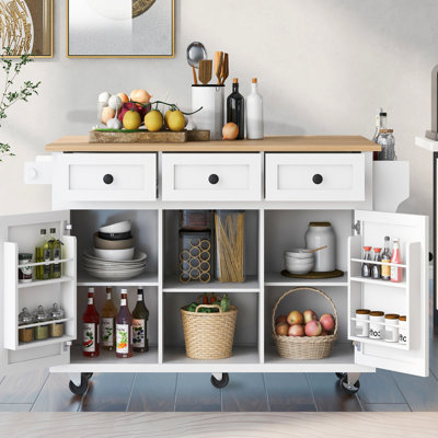 Chariot de cuisine avec 3 tiroirs, rangement interne et roulettes lisses, armoire blanche et roulettes