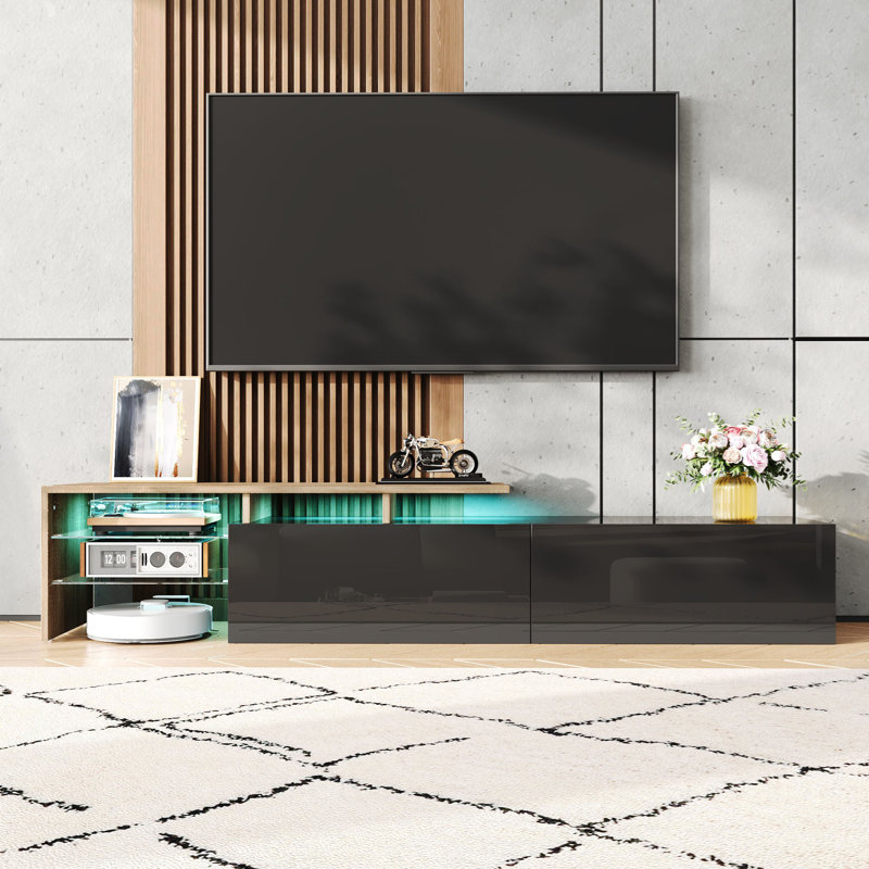 Meuble télé Kashton ultra-brillant avec tablettes en verre et éclairage DEL, Noir/naturel