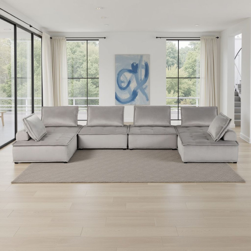 Gouvernour Velvet 6 seat Sectional Sofa ottoman, Light Gray Velvet