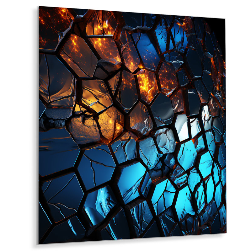 Fractale bleue et jaune mosaïque III - décoration murale abstraite en métal, H 32 po x l 24 po x P 1 po