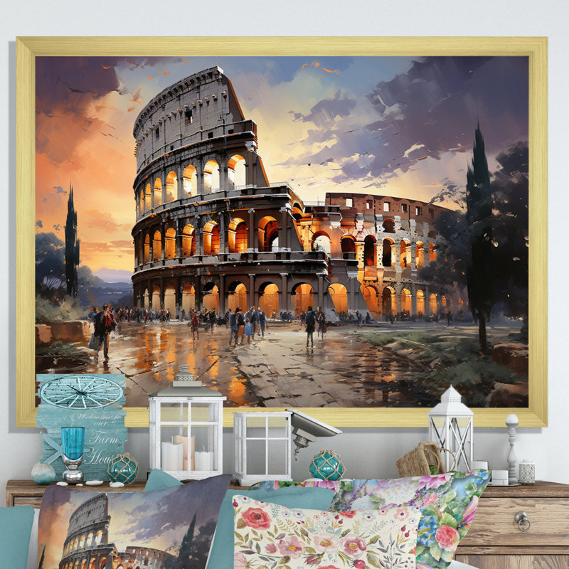 Beige, Italie, Colisée, Colosseo, sur toile, Cadre doré simple, H 34 po x l 44 po x P 1,5 po