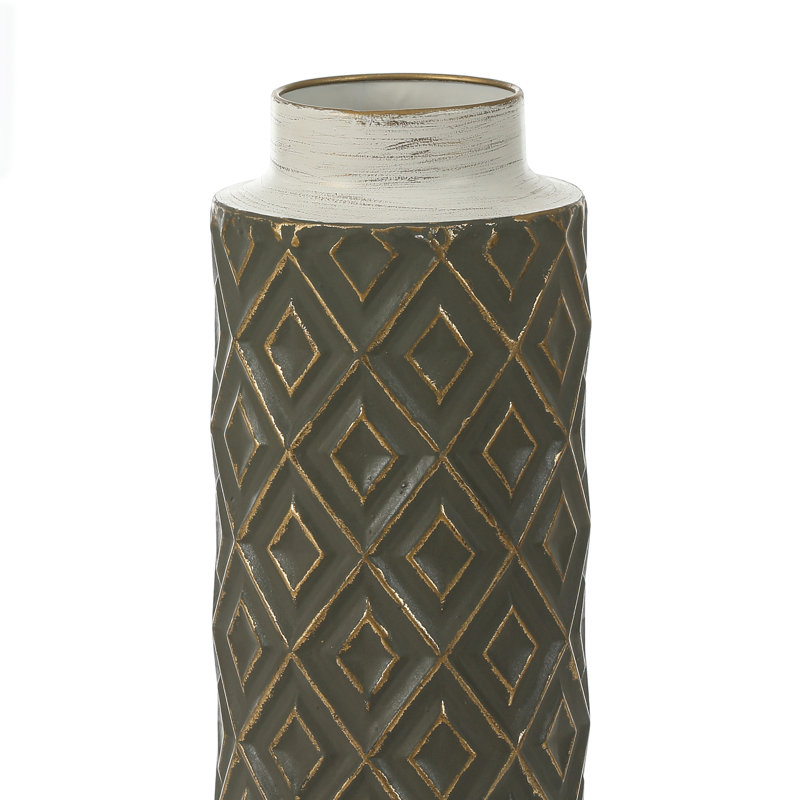 Vintage Metal Table Vase Set, Distressed Gray & Ivory Cylindrical Decorative Flower Vase