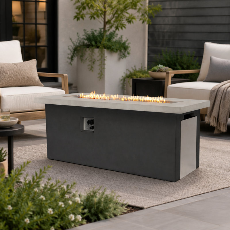Table rectangulaire pour foyer d'extérieur au gaz en béton avec brûleur au propane et rangement
