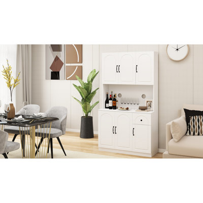 Unité de rangement de cuisine autoportante de 71 po avec comptoir à micro-ondes, armoire à 6 portes et 1 tiroir, tablettes réglables, portes peintes E1, tiroir, blanc, coffre-fort stable à utiliser