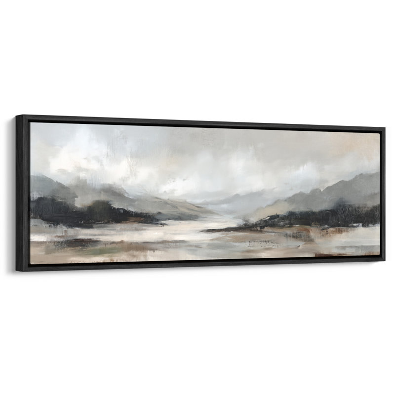 Neutre paysage abstrait de montagne et de lac pour le salon ou le bureau, impression murale, H 20 po x l 60 po, Noir