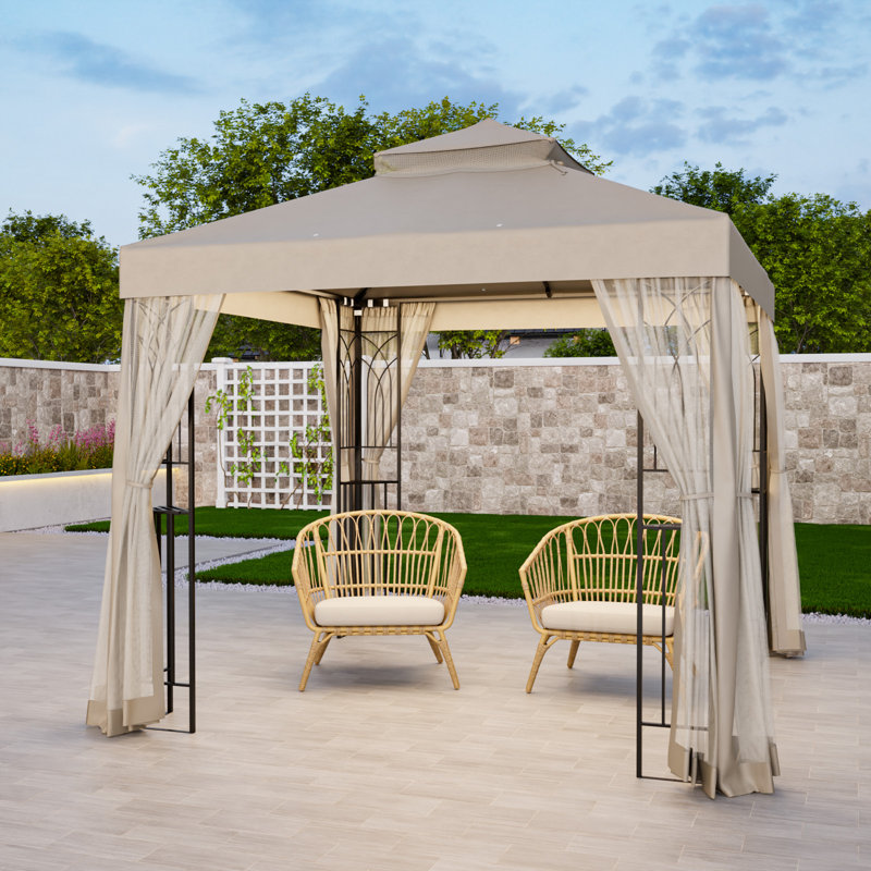 8 Ft. W x 8 Ft. D Steel Patio Soft Roof Gazebo With Netting, Beige