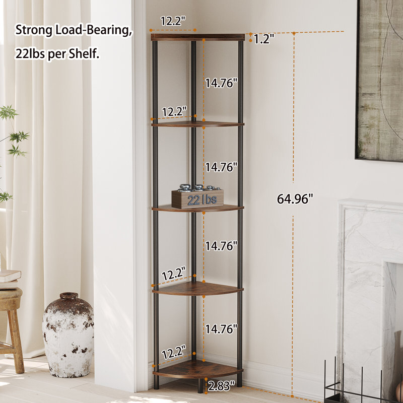 Swade 64.9" H x 12.2" W Corner Bookcase, Black/Brown