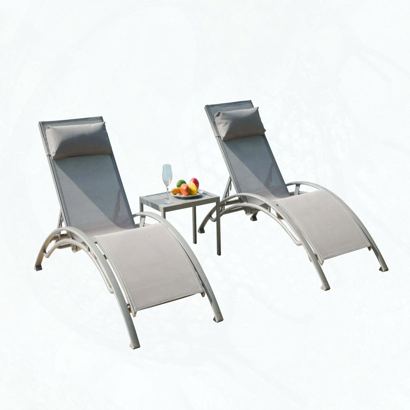 Pool Lounge Chairs Set of 3 with Adjustable Aluminum Frame and Side Table, Gray