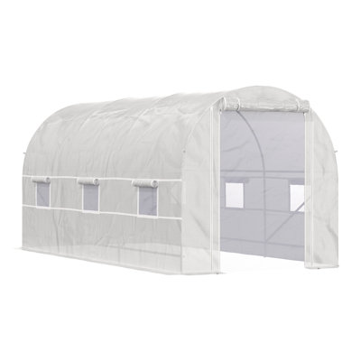 Serre de tunnel avec porte à enroulement et 6 fenêtres Outsunny de 15 pi x 7 pi x 7 pi, couverture en PE blanc et cadre en acier