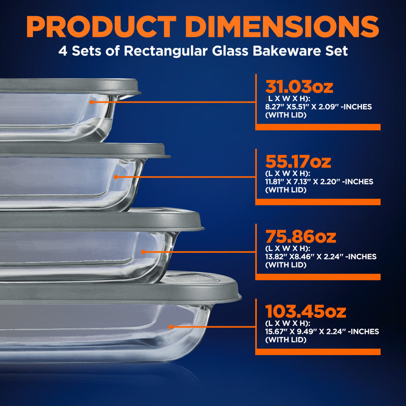 NutriChef 4-Piece Rectangular Glass Bakeware Set with Lids
