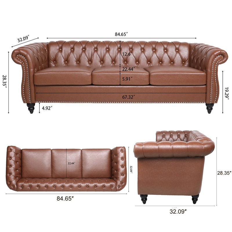 Canapé Chesterfield en similicuir | Canapé capitonné de luxe avec accoudoirs roulés et garniture cloutée | Canapé rembourré 84 po 3 places pour la vie