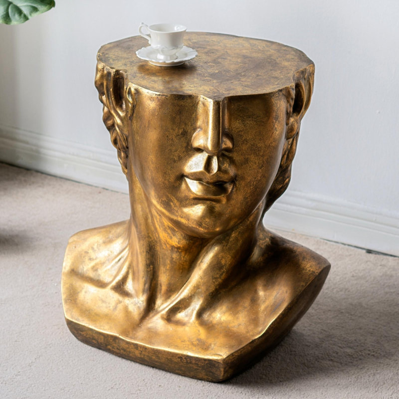 Ensemble de 1 table d'appoint sculpturale en forme de buste grec classique, finition or antique, en oxyde de magnésium, pour la décoration intérieure.