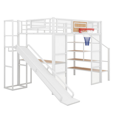 Full Size Metal Loft Bed With Built-In Desk, Open Wardrobe, Basketball Hoop, Slide And Staircase For Small Rooms Bedroom, Apartment by Isabelle & Max