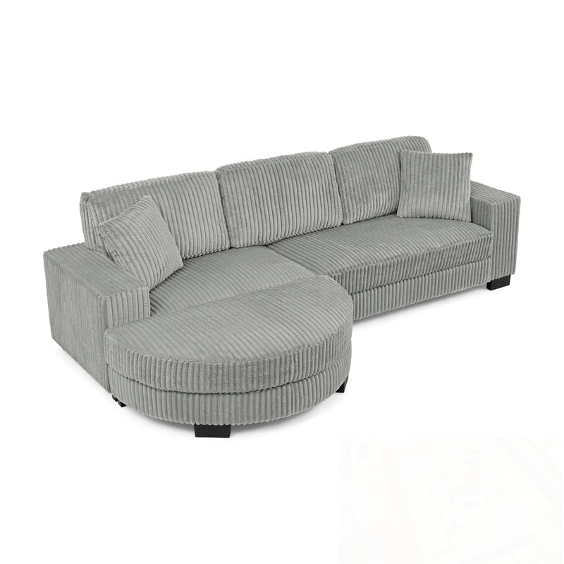 L-Shaped Sectional Sofa With Pillows And Ottoman, Gray Corduroy