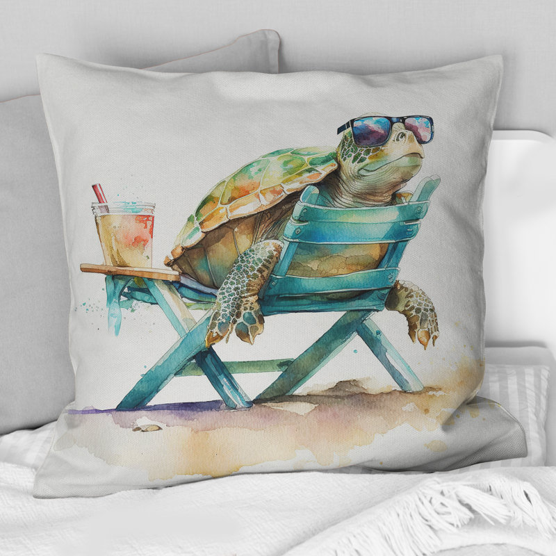 Turtle Laying On A Beach Chair With Sunglasses III - Animals Printed Throw Pillow, Square, 18"H x 18"W