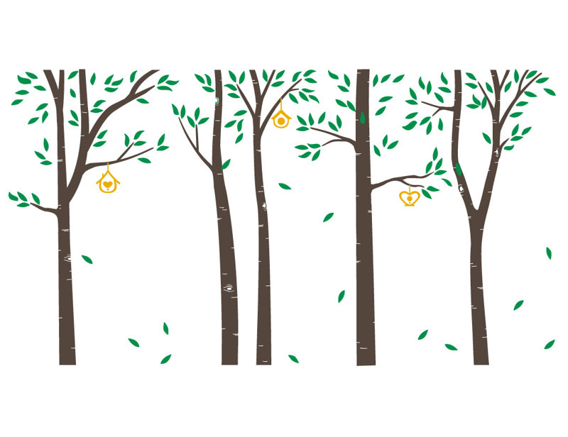 Décalcomanie murale arbres et maisons à oiseau bouleau, Brun / Vert / Jaune