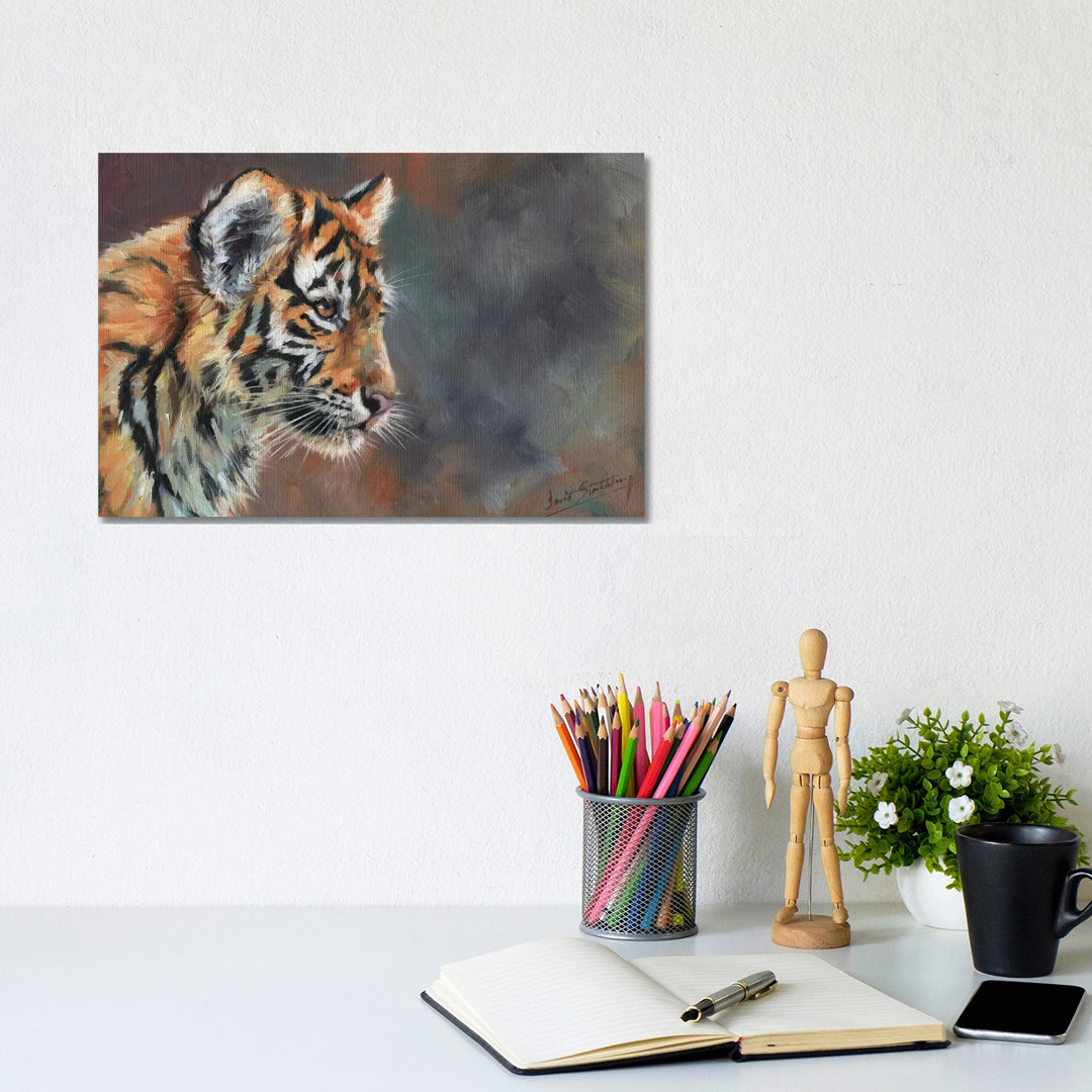 Tigerjunges Porträt in Öl von David Stribbling - Galerie-umwickelte Leinwand Giclée auf Leinwand