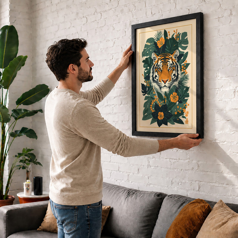 Tiger in Bloom Tropical - Framed Print, Black, A3 - 42.0 x 29.7 cm