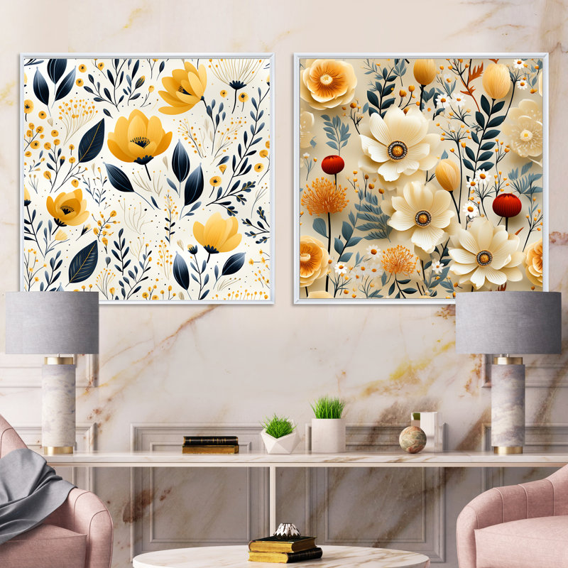 Erwan - Ensemble de 2 collages carrés botaniques abstraits, Cadre flottant blanc, H 30 po x l 61 po