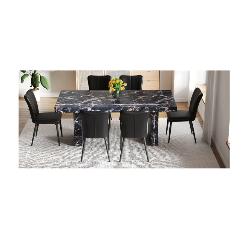Ensemble de table et de chaises 78,7 po x 39,4 po x 29,9 po, panneau de salle à manger luxueux en marbre noir avec un plateau de table de 3,5 po d'épaisseur et 6 chaises en polyuréthane noir avec un motif à rayures verticales sur le dossier.