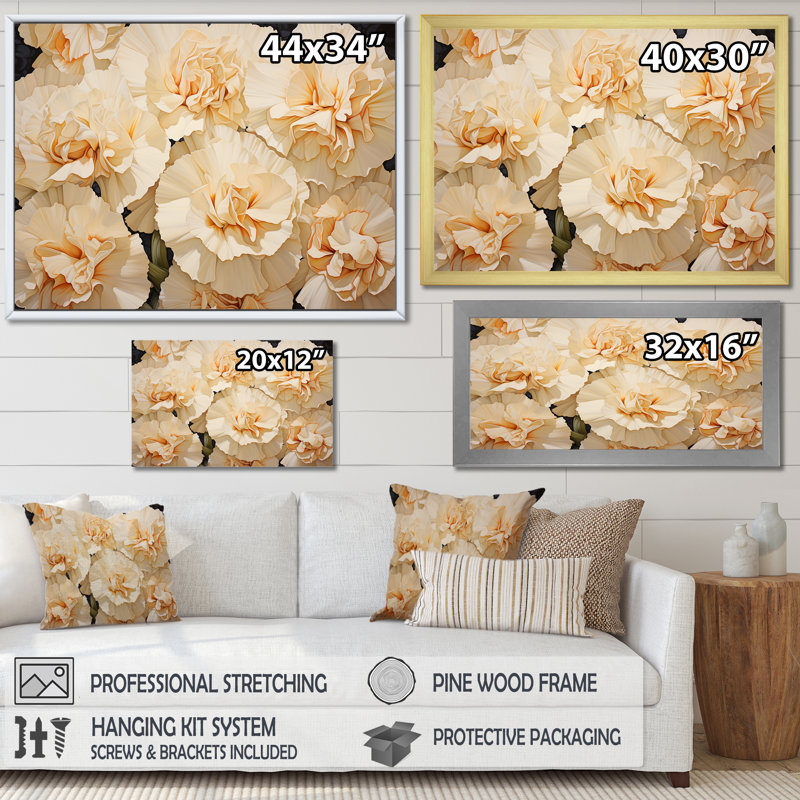 Arrangement d'œillets beiges sur toile, H 24 po x l 32 po x P 1 po, Cadre flottant doré