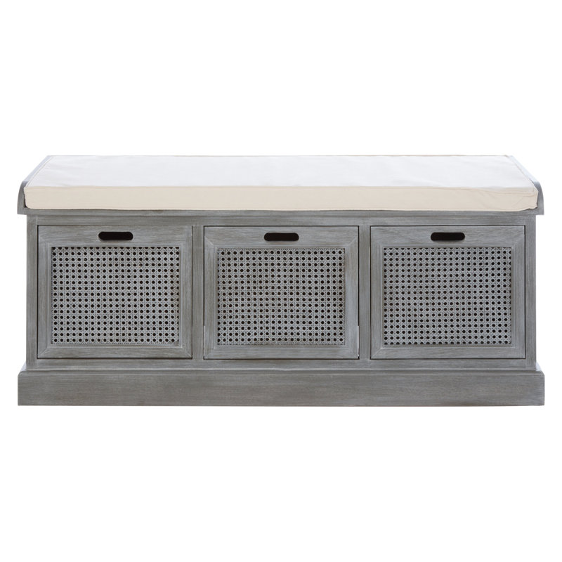 Cotton Upholstered Storage Bench, Grey, Grey, Natural Wood